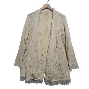 Umgee Cream Oversized Sweater Boho Cardigan Fringe Funky Open Front Knit Small